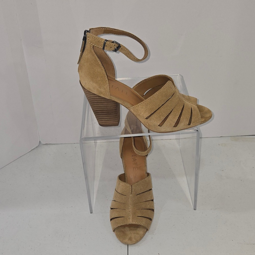 1.STATE Nallay Tan Suede Block Heel Sandals Ankle Strap Womens 8M 1S-NALLAY
